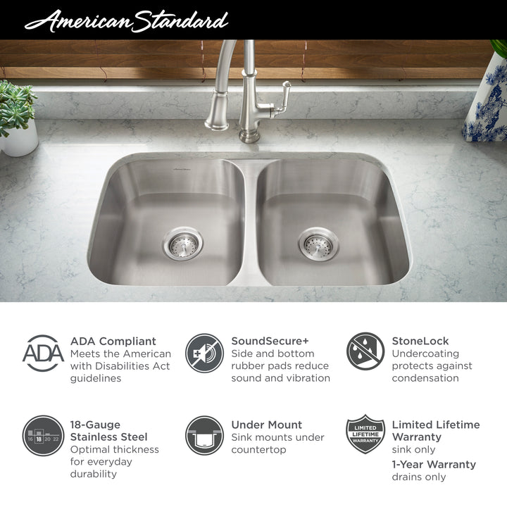 American Standard Portsmouth® 32 x 18-Inch Stainless Steel Undermount Double-Bowl ADA Kitchen Sink