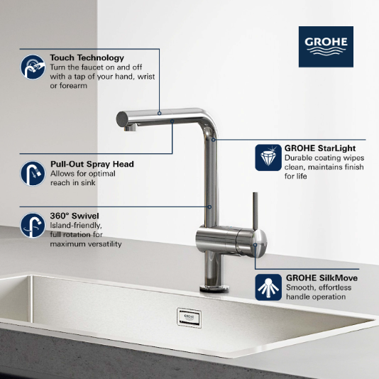 Grohe MINTA Single Handle Pull-Out Kitchen Faucet Single Spray 1.75 GPM with Touch Technology
