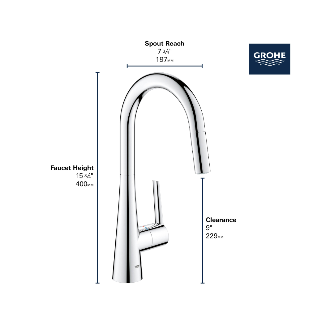 Grohe ZEDRA Single Handle Pull Down Kitchen Faucet Dual Spray 6.6 L/Min (1.75 GPM)