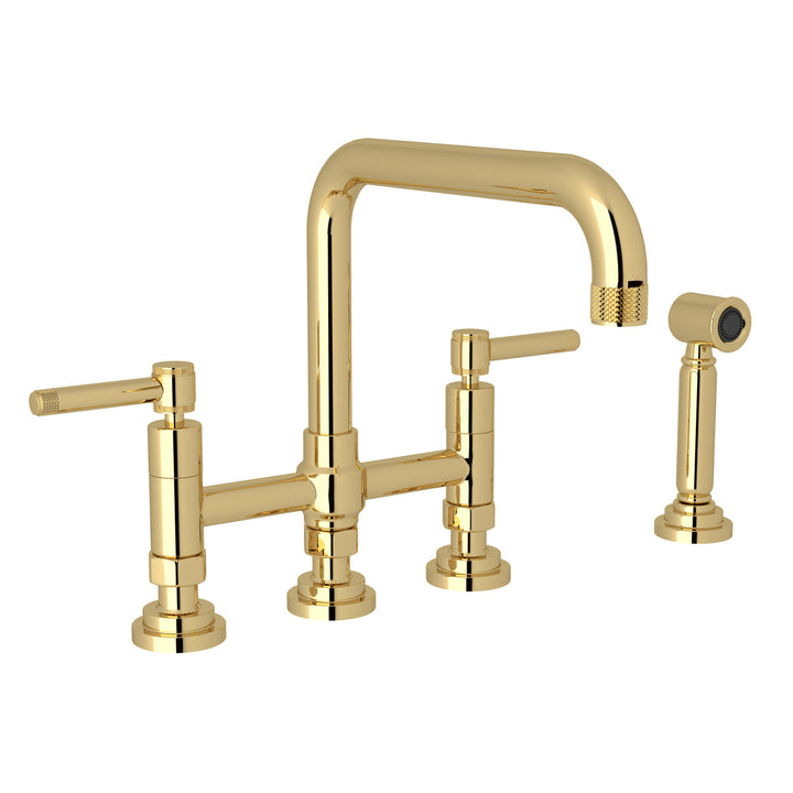 ROHL Campo Deck Mount U-Spout 3 Leg Bridge Faucet With Sidespray With Industrial Metal Lever Handle