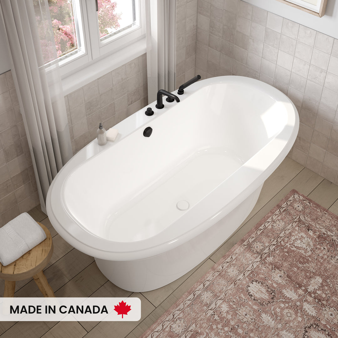 Maax Ella Sleek 66 x 36 Acrylic Freestanding Center Drain Bathtub in White with White Skirt