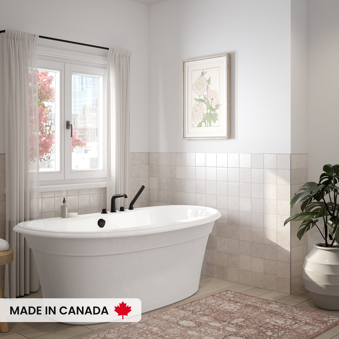 Maax Ella Sleek 66 x 36 Acrylic Freestanding Center Drain Bathtub in White with White Skirt
