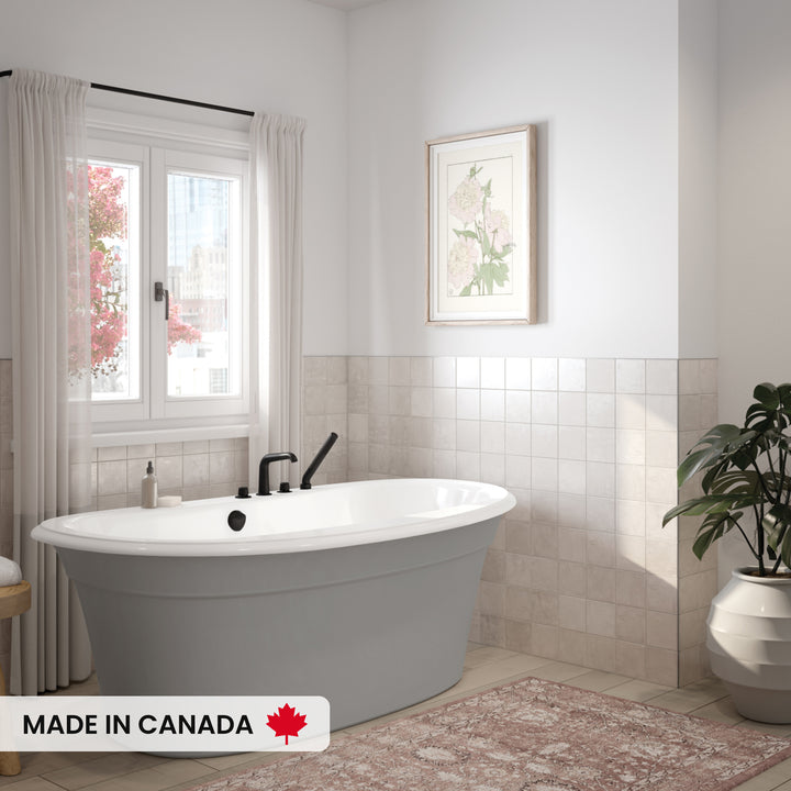 Maax Ella Sleek 66 x 36 Acrylic Freestanding Center Drain Bathtub in White with White Skirt