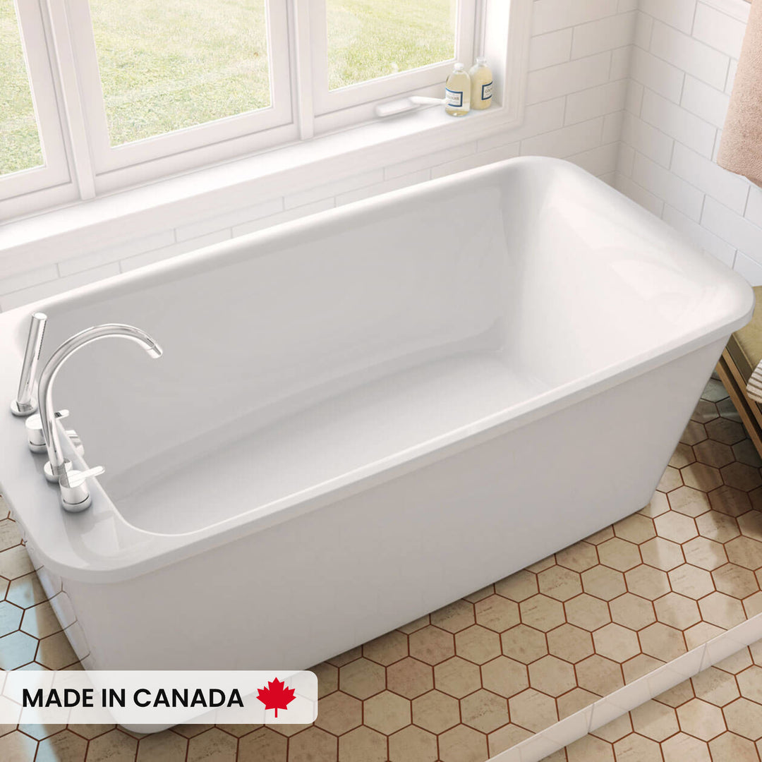 Maax Lounge 6434 Acrylic Freestanding End Drain Bathtub in White with White Skirt