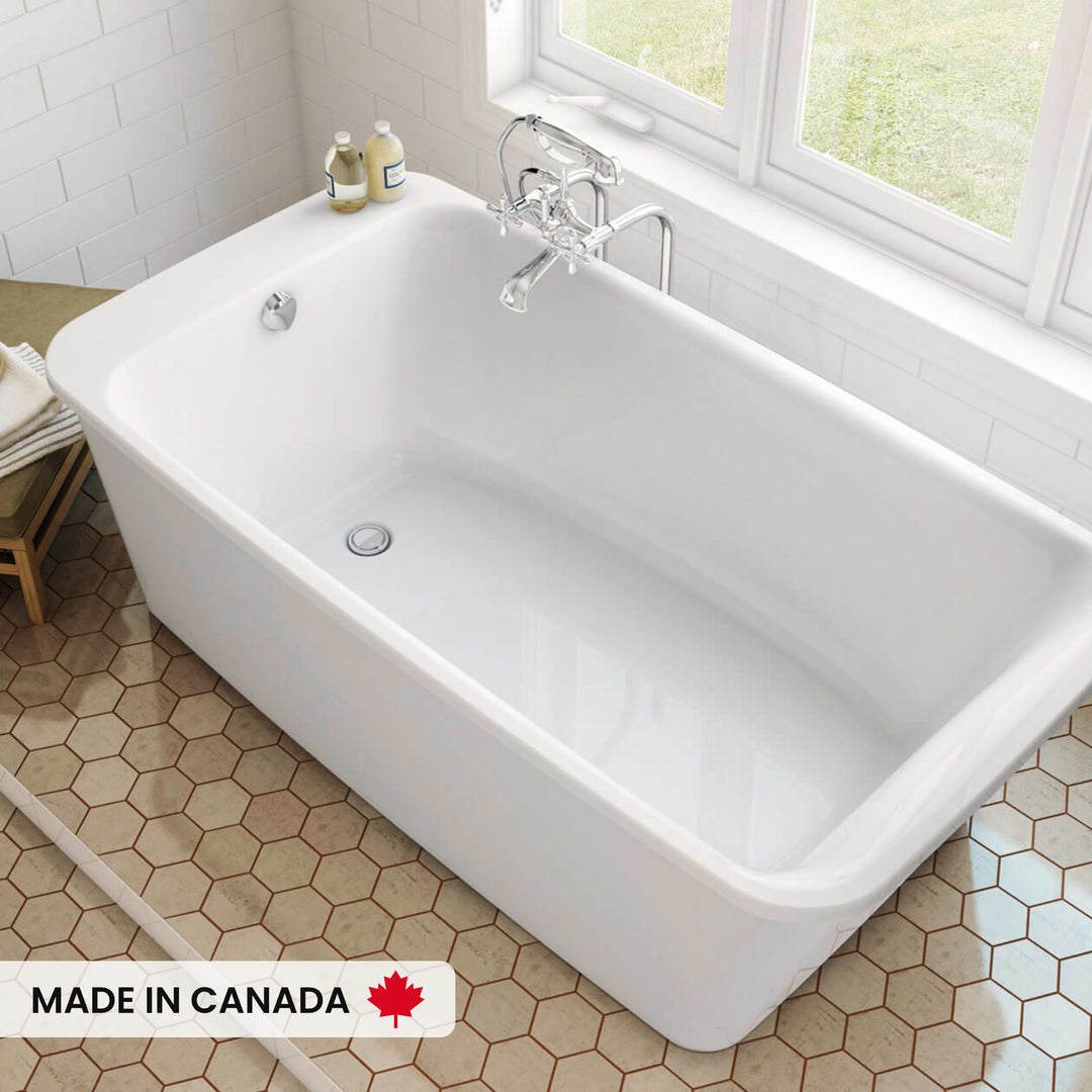 Maax Lounge 6434 Acrylic Freestanding End Drain Bathtub in White with White Skirt