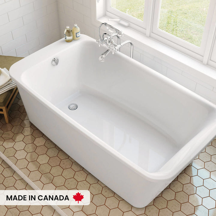 Maax Lounge 6434 Acrylic Freestanding End Drain Bathtub in White with White Skirt