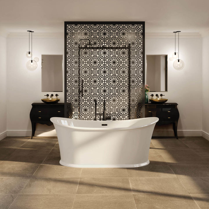 Maax Elina 66 x 34 Acrylic Freestanding Center Drain Bathtub in White with White Skirt
