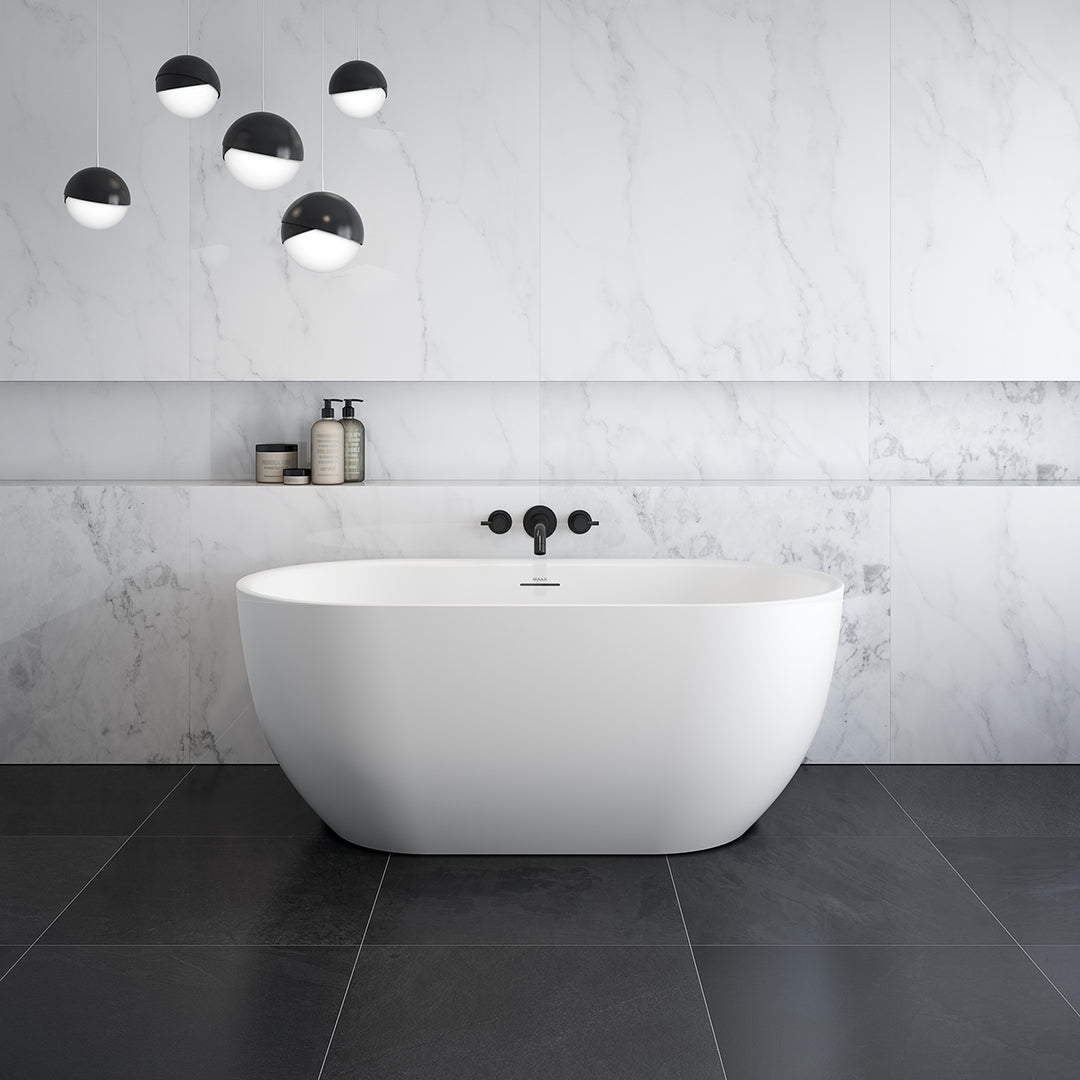 Maax Tosca Matte 5932 Acrylic Freestanding Center Drain Bathtub in Matte White with Matte White Skirt