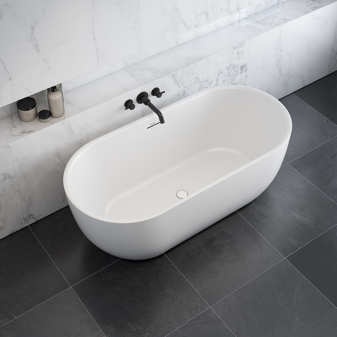 Maax Tosca Matte 6732 Acrylic Freestanding Center Drain Bathtub in Matte White with Matte White Skirt