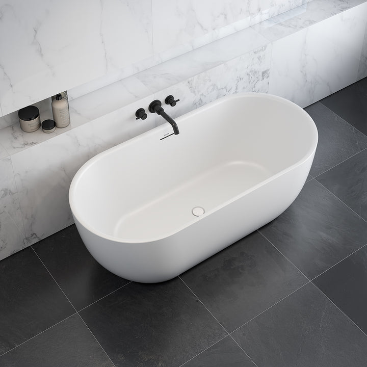 Maax Tosca Matte 6732 Acrylic Freestanding Center Drain Bathtub in Matte White with Matte White Skirt