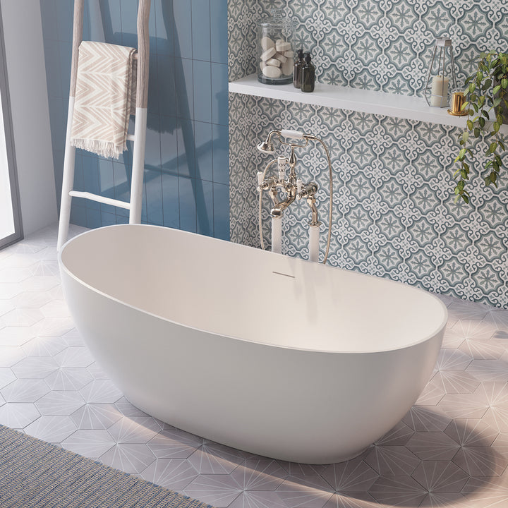 Maax Valentina 67 x 32 Acrylic Freestanding Center Drain Bathtub in Matte White with Matte White Skirt